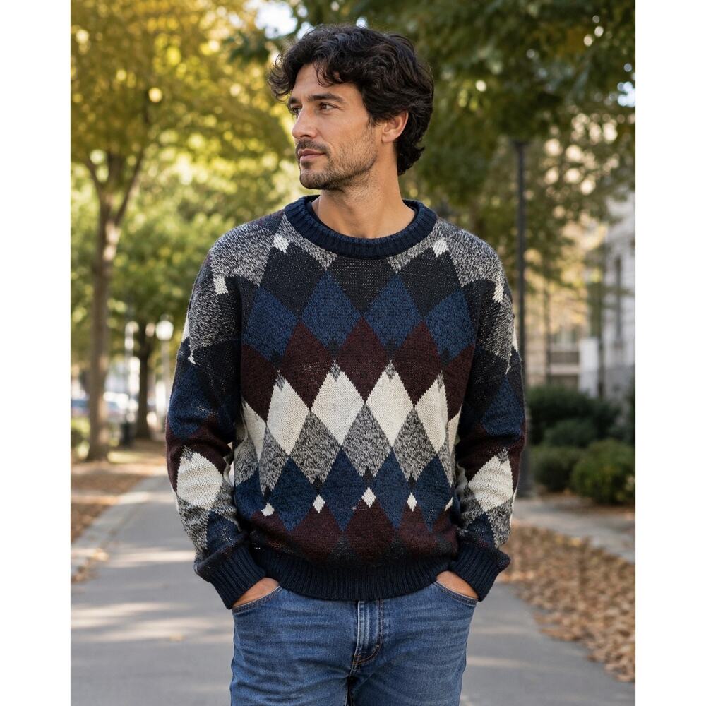 Vintage EXPRESSIONS Sweater Sz L Multi Argyle Diamond Crewneck Acrylic 90s Knit